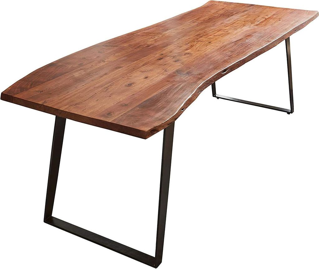 Esszimmertisch 220x100 cm Hobart, Baumkantentisch nussbaumfarben, Akazienholz massiv, schräges U-Gestell aus Metall schwarz