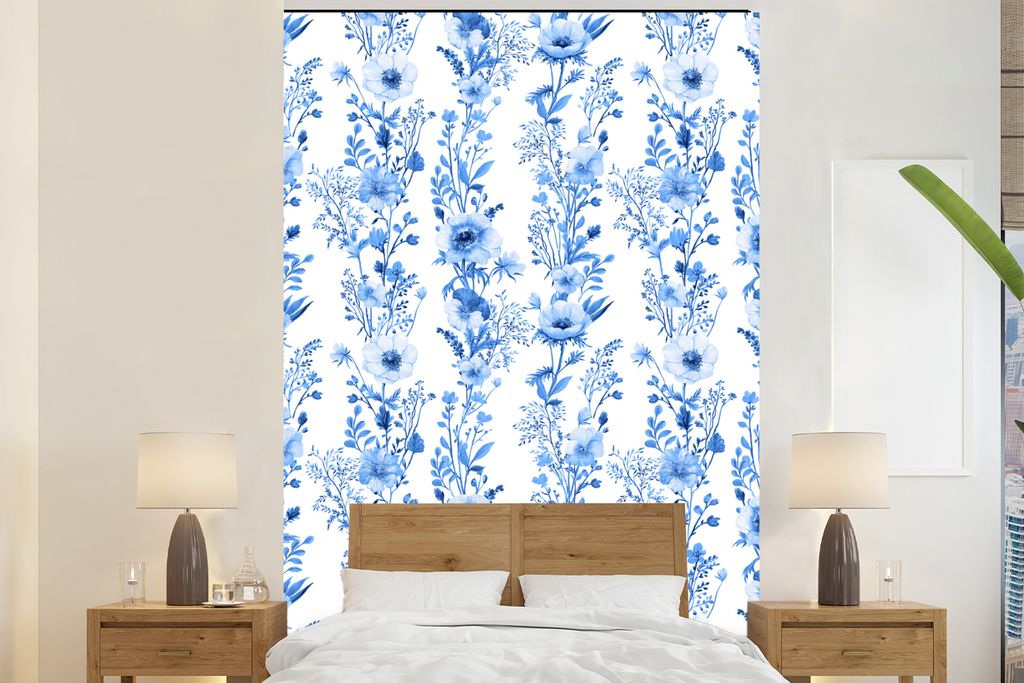 MuchoWow Fototapete für Wohnzimmer oder Schlafzimmer Wandtapete Vinyl Motivtapete Blumen - Pflanzen - Blau - 160x240 cm - Vinyltapete