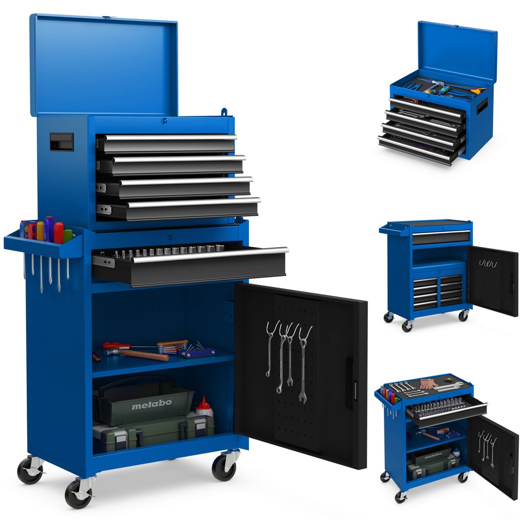 COSTWAY 2in1 Werkstattwagen mit Koffer, 8 Fächer, Haken & verstellbarem Regal, Werkzeugwagen abschließbar auf Rädern bis 100kg Metall 59x28x102cm