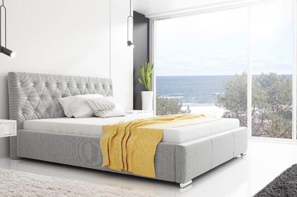 Designbett Adelaide mit hohem Kopfteil und Stauraum Hellgrau 180 x 200