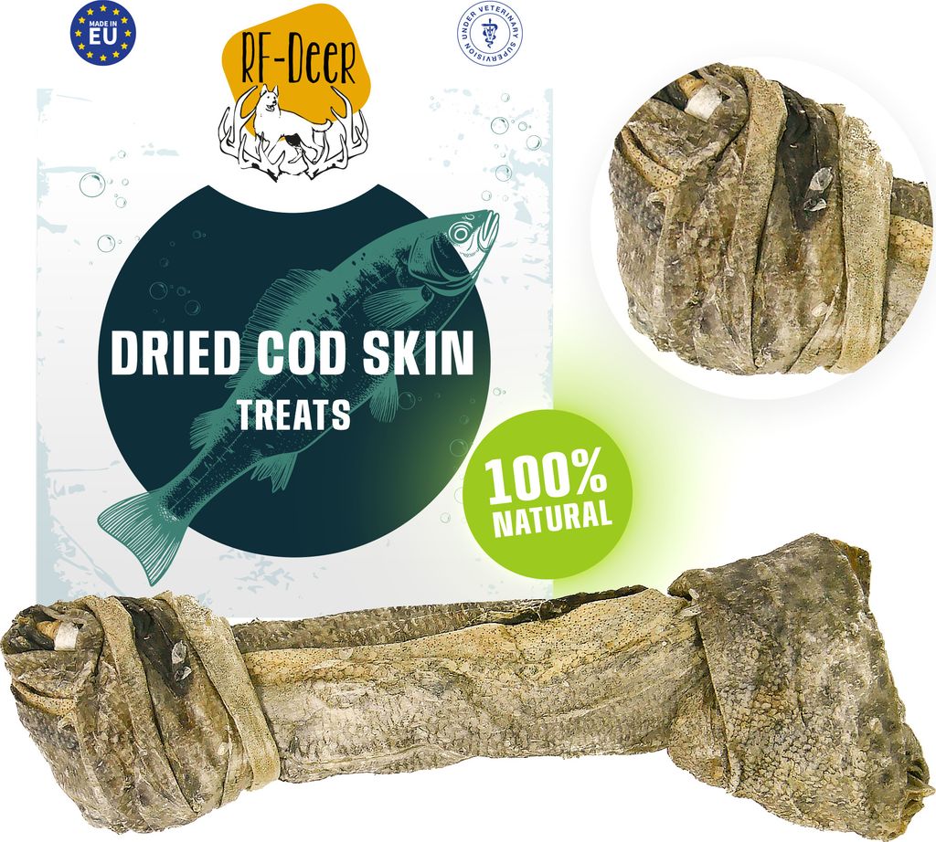 RF-DEER: 10 Stück 450-650g 17-20cm getrocknete Dorschhaut Kabeljauhaut Fisch Dorsch 100% natürliche Kauartikel Kausnack für alle Hunde