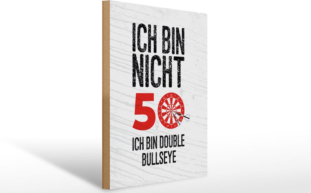 Holzschild Dart bin nicht 50, Double Bullseye, 40x30 cm, Holzschilder Spruch Sport Hobby