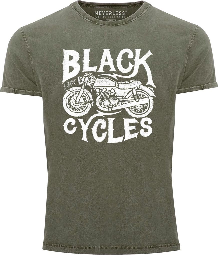 Herren T-Shirt Vintage Washed Motorrad Biker Retro Slim Fit Neverless oliv XL