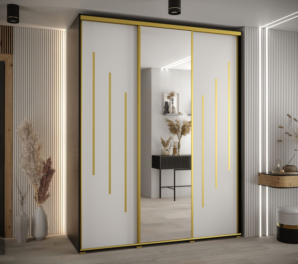 Kleiderschrank YVONA 9 – 200/60 cm, schwarz/weiß/gold