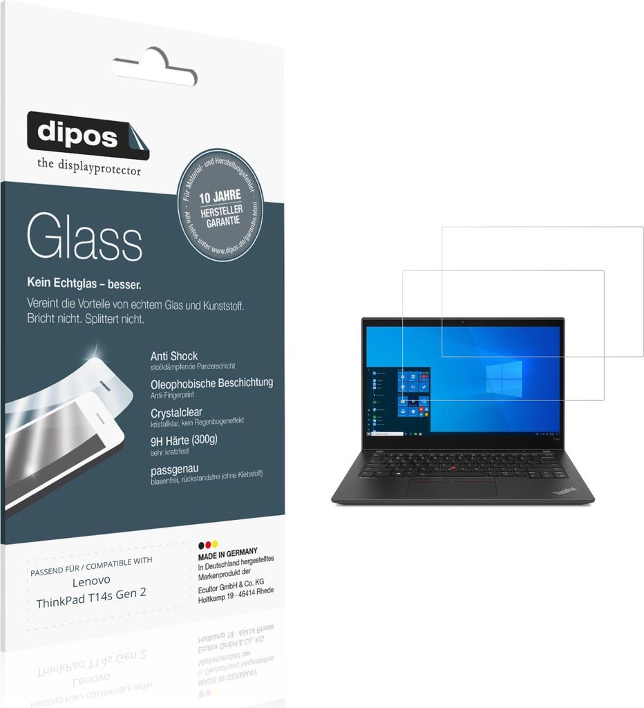 2x Schutzfolie für Lenovo ThinkPad T14s Gen 2 - Anti-Shock 9H Folie dipos Glass Kunststoffglas