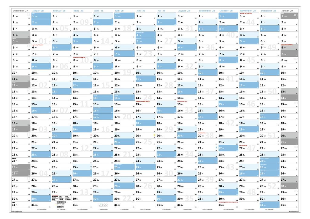 XXL Wandkalender DIN A0 2028 (blau2) große Tageskästchen (Kalender werden gerollt versendet)