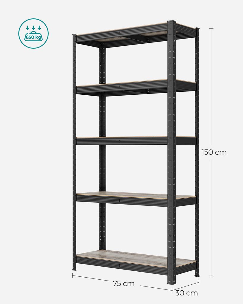 A metal storage shelving unit with wooden shelves, with dimensions indicated by overlayed text.