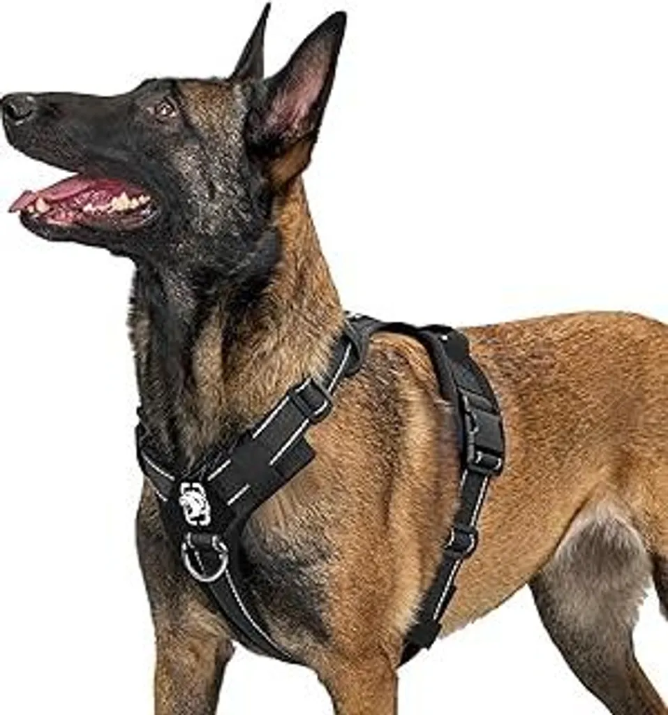 Pettorina per cani OneTigris, Diesel Pettorina tattica regolabile Morbida imbottitura Pettorina per cani di taglia media e grande con riflettente, 1 maniglia, 3 anelli a D (nero, L)