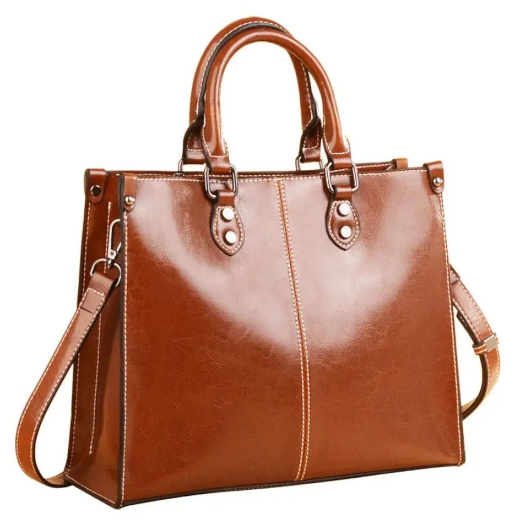 Damen Handtasche aus Echtleder – Klassische Henkeltasche in Dunkelbraun mit Kontrastnaht – Elegante Businesstasche & Shopper für Alltag
