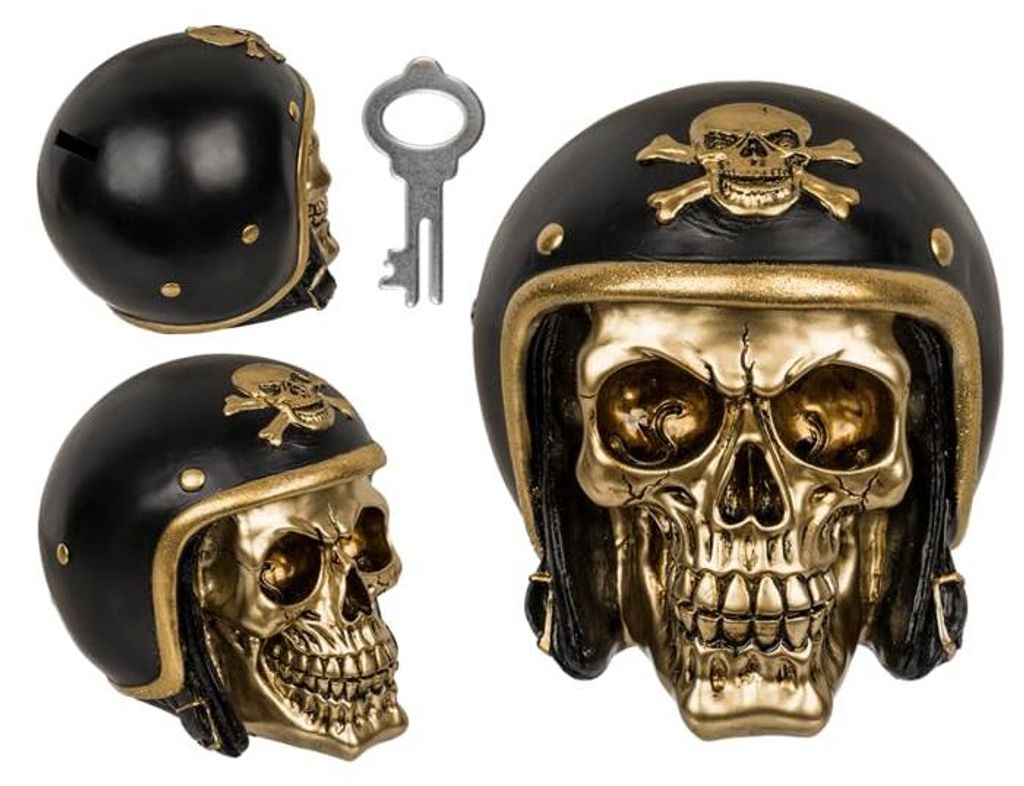 Totenkopf-Spardose mit Schloss und Schlüssel, Totenkopf-Design, ca. 16 x 13 cm, Polyresin, schwarzer und goldener Helm
