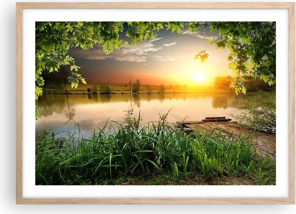 Gerahmtes Poster - Rahmen in heller Eiche - Brücke See - 70x50 cm - Wand Bild - Wanddeko - Wandbilder - Kunstposter - Wandposter - Bilderrahmen - ...