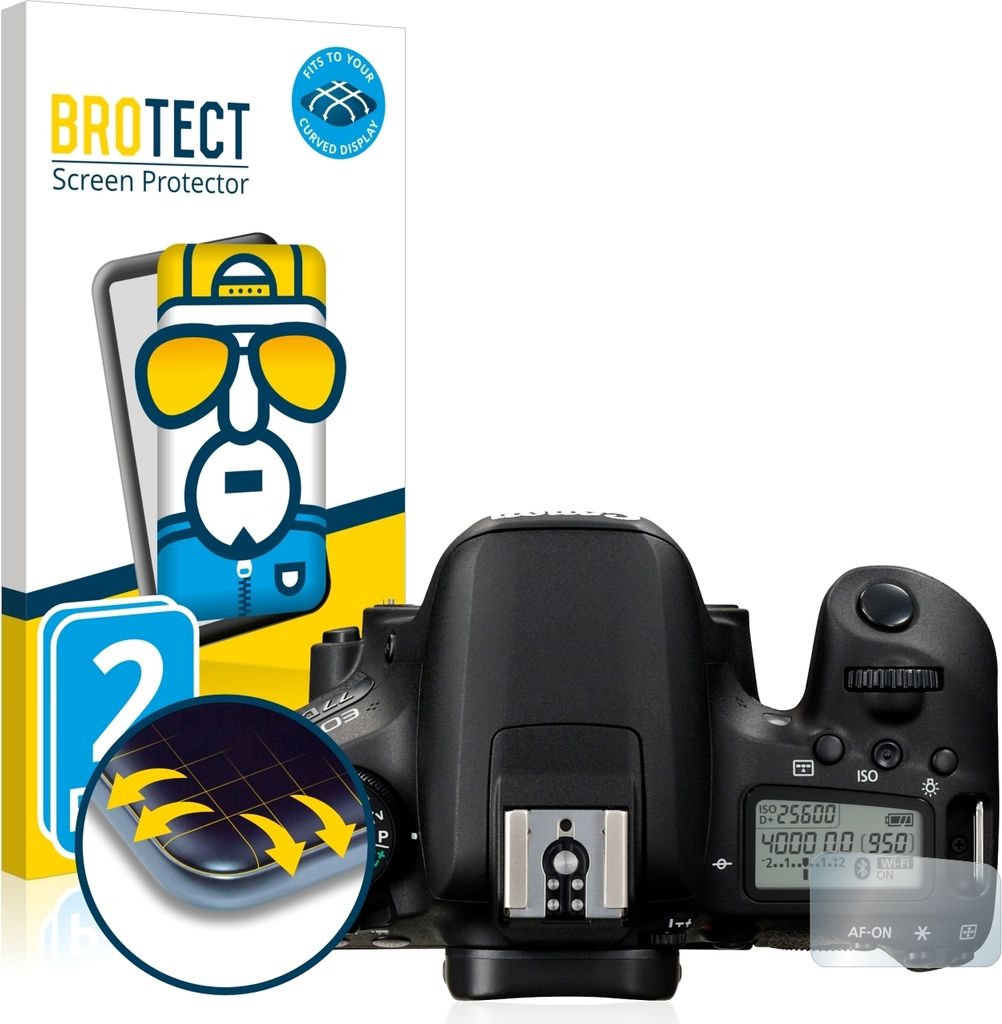 2x BROTECT Fullscreen Schutzfolie für Canon EOS 77D (Schulterdisplay) Displayschutz Folie Fullcover Klar Transparent