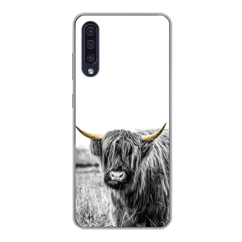 MuchoWow Handyhülle Schutzhülle Hülle für Samsung Galaxy A30s Schottischer Highlander - Gold - Schwarz - Weiß Silikon Softcase Handy Hülle ...