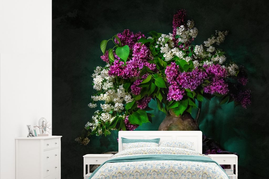MuchoWow Fototapete für Wohnzimmer oder Schlafzimmer Wandtapete Vinyl Motivtapete Vintage - Blumen - Stilleben - 265x220 cm - Die Küche