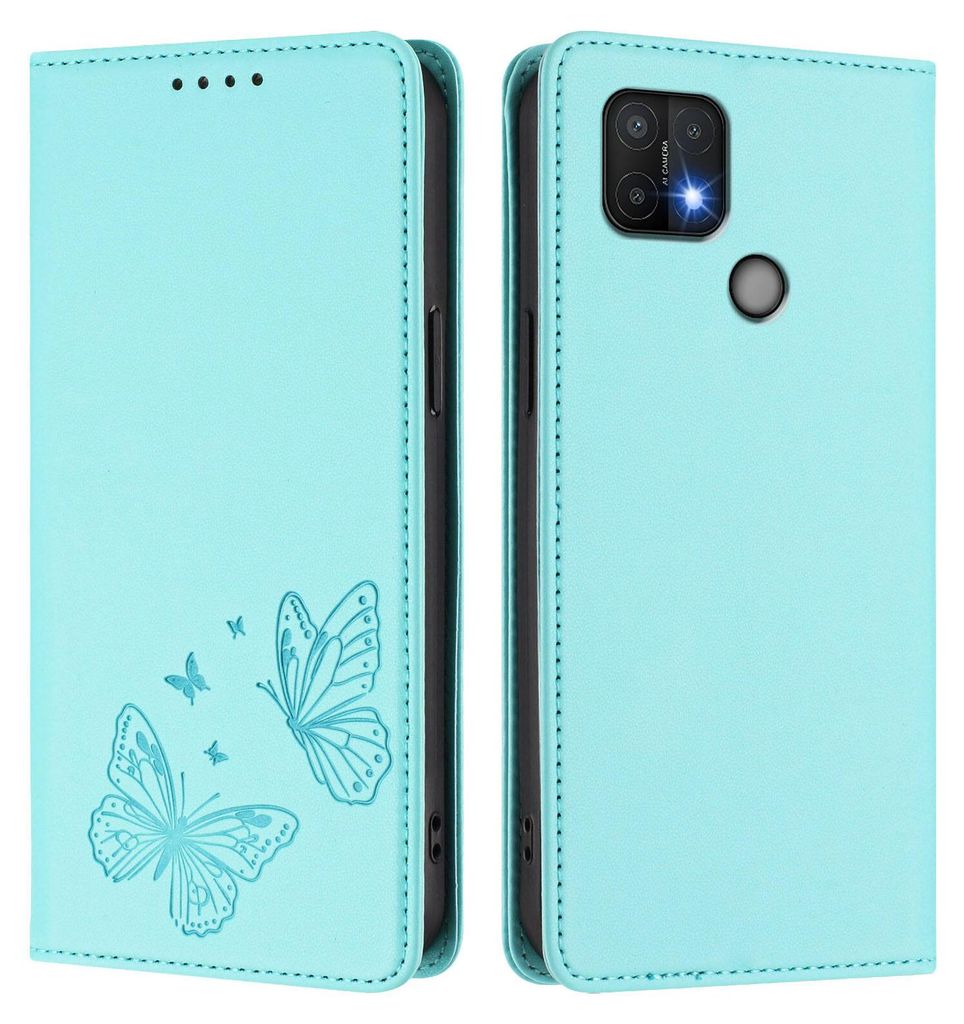 Lederhülle für Oppo A35 / A16E / A16K / A15 / A15S, Schmetterling Prägung Leder Brieftasche Schutzhülle mit Ständer Türkis