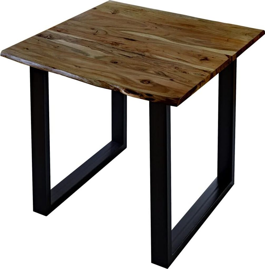 Esstisch 80x80 cm Lubin, Akazienholz nussbaumfarben, Massiver Esszimmertisch mit echter Baumkante, Baumkantentisch mit U-Gestell Schwarz, Holztisch...