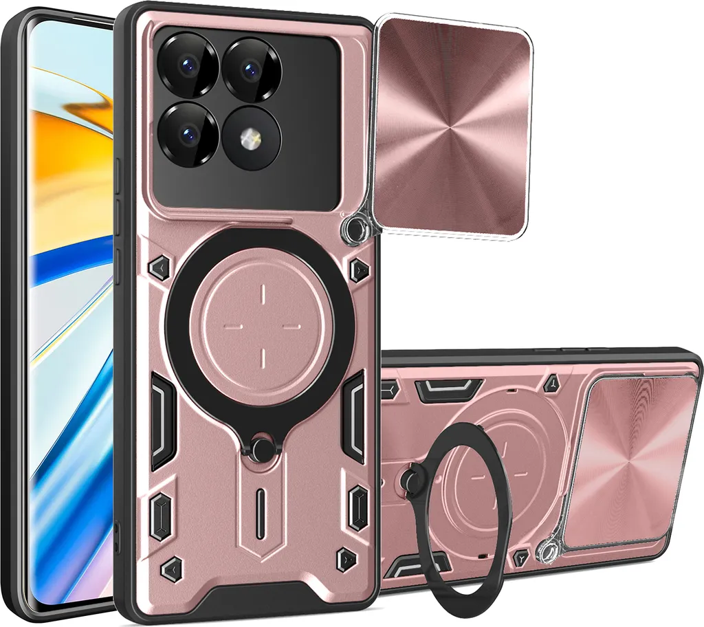Custodia Xiaomi Poco F6 Pro Rosa - Cover Doppio Strato con Anello e Protezione Cam