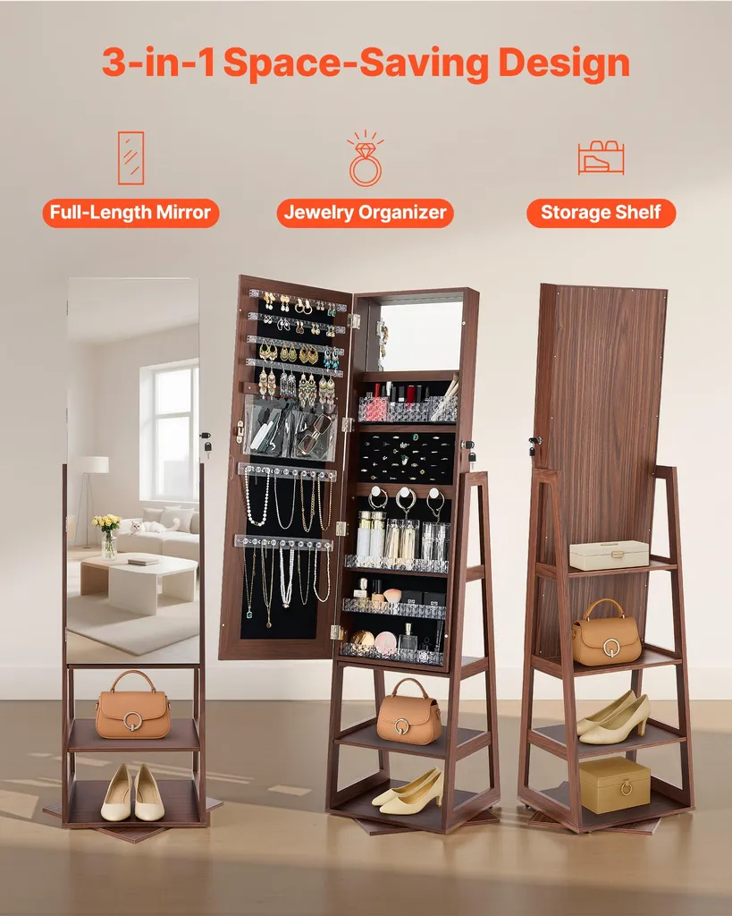 VEVOR Armadio portagioie girevole a 360° (altezza 155 mm) con specchio a figura intera e spazio per riporre i gioielli, organizer per gioielli con 2 chiavi, tasche per accessori e scomparti per riporre i gioielli - 5