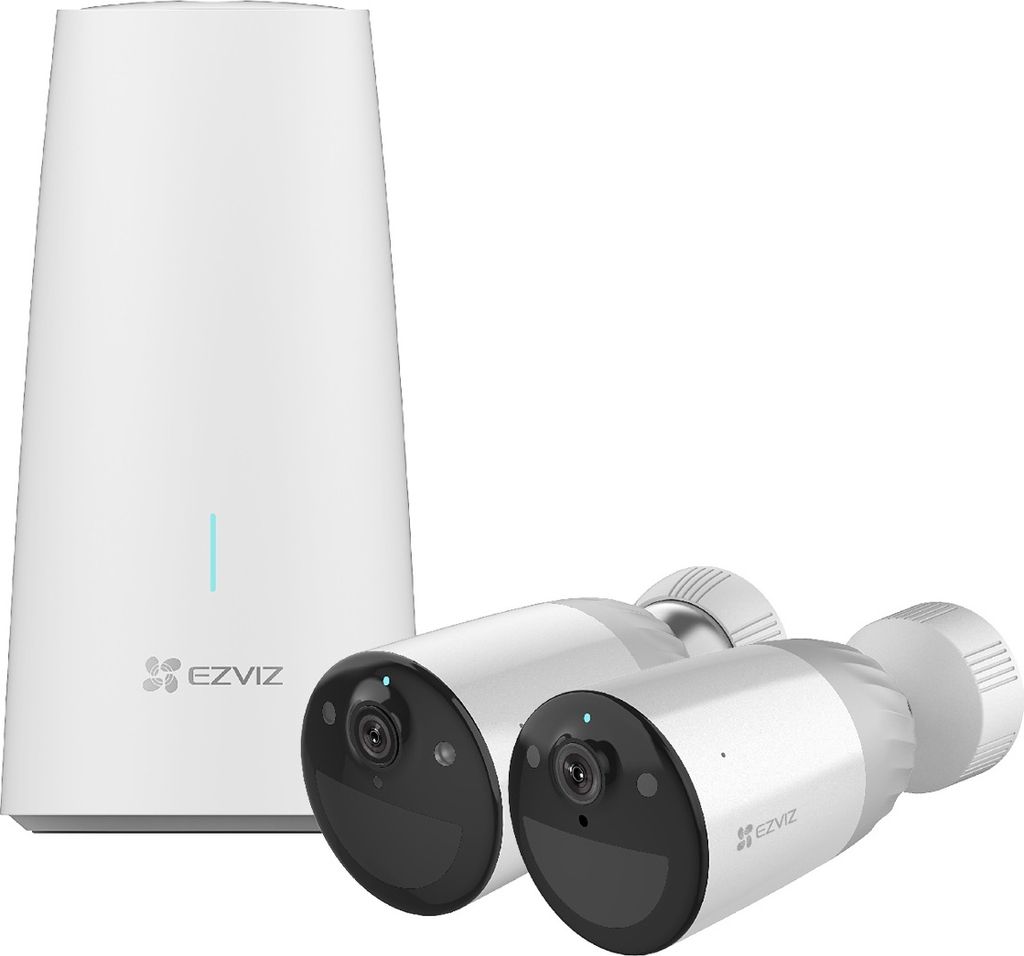 A white EZVIZ base station and two white wireless security cameras are displayed against a white background.