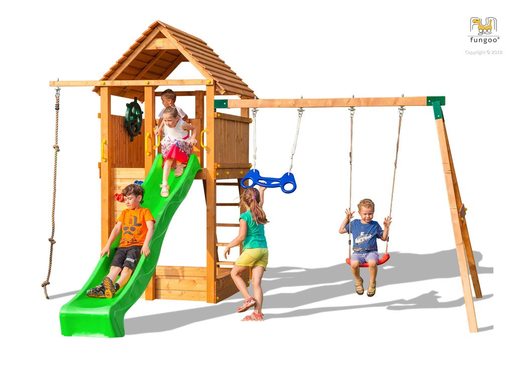 Fungoo Spielturm "Fortress Move+" teak mit Rutsche, Kletterwand, Leiter, Holzdach und Doppelschaukel