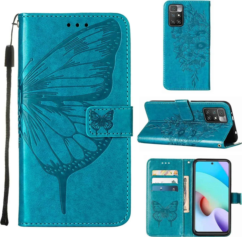 Redmi 10 Case, Butterfly Embossing Flip Leather Card Holder Custodia protettiva in pelle con supporto per Xiaomi Redmi 10 / 10 Prime Blue
