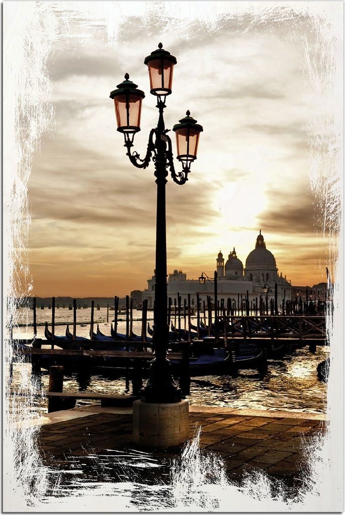 Kunstdrucke Wandbilder Holz in : Brillante Farben, Größe 60 x 90 cm Motiv Venedig - Lagune bei Sonnenuntergang