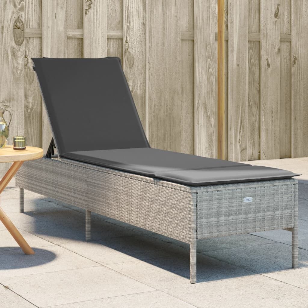 Design Sonnenliege mit Auflage Hellgrau Poly Rattan, Gartenliegen 2024 Neu