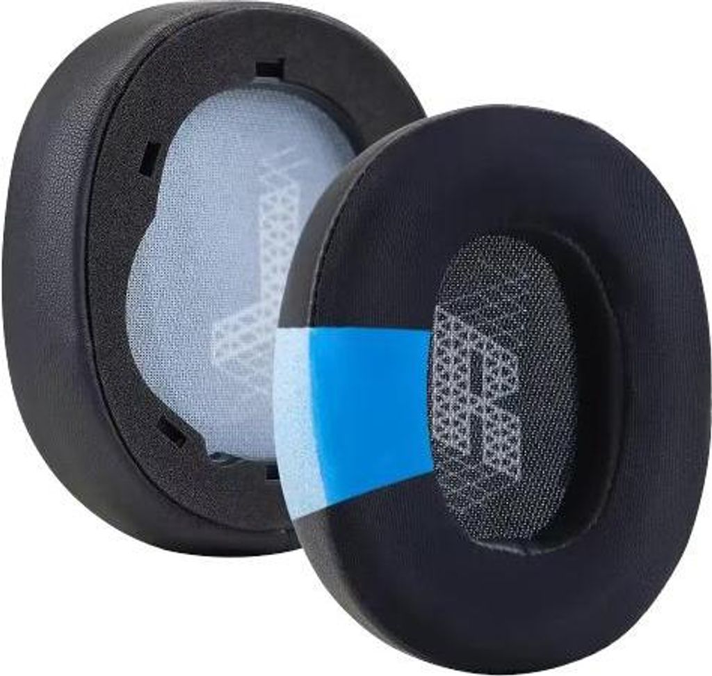 Two black ear pads for headphones are shown against a white background.