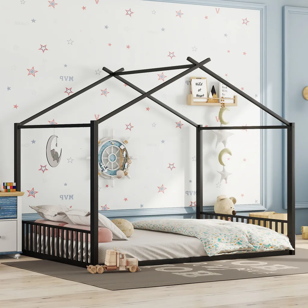 OKWISH Lit Cabane 140x200 cm en Métal Noir - Structure de Lit Enfant