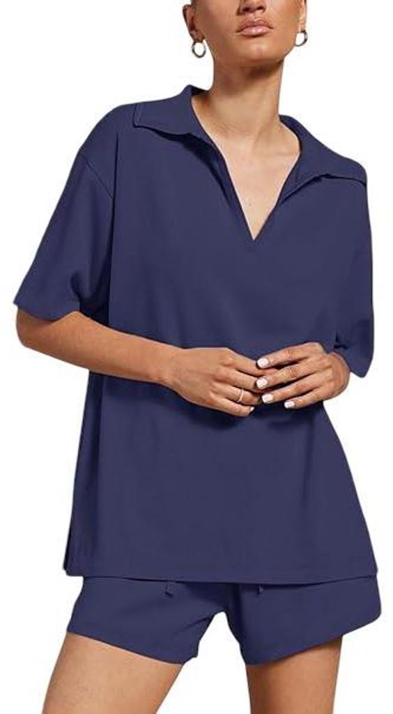 Damen-Sommer-Trainingsanzug-Set Zweiteilig Casual Bequem Navy Blau XL