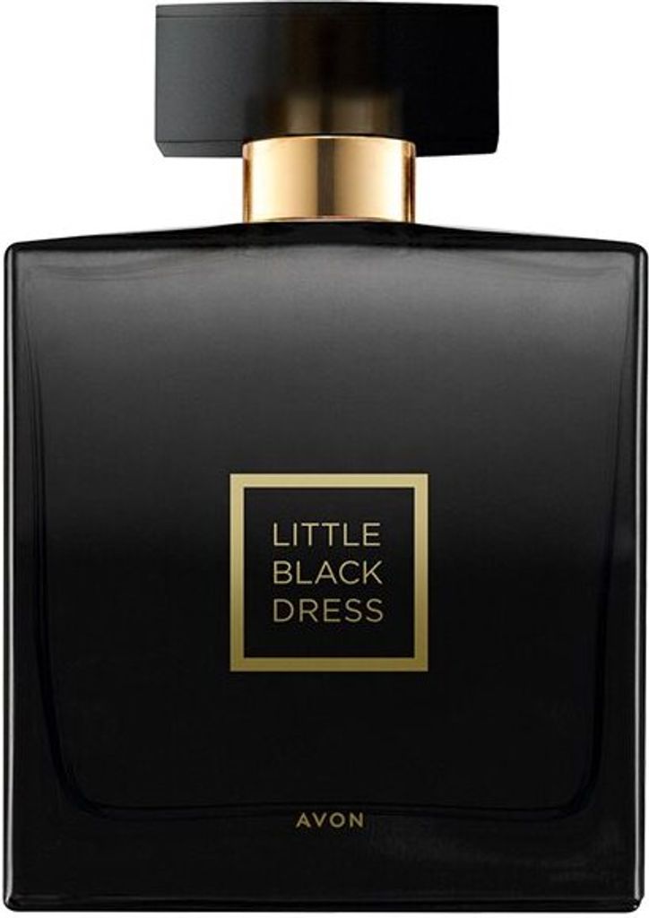 A black perfume bottle with gold accents and text.