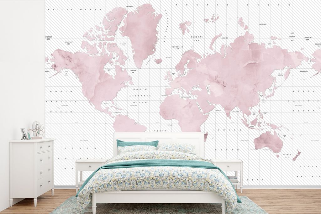 MuchoWow Fototapete für Wohnzimmer oder Schlafzimmer Wandtapete Vinyl Motivtapete Weltkarte - Rosa - Marmor - 450x300 cm - Gemusterte
