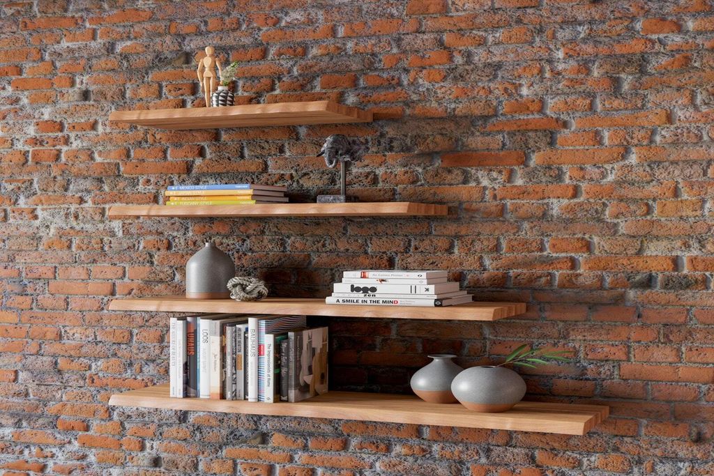 Wandregalsystem Akazienholz natur massiv Holzregal Baumkante SUVA