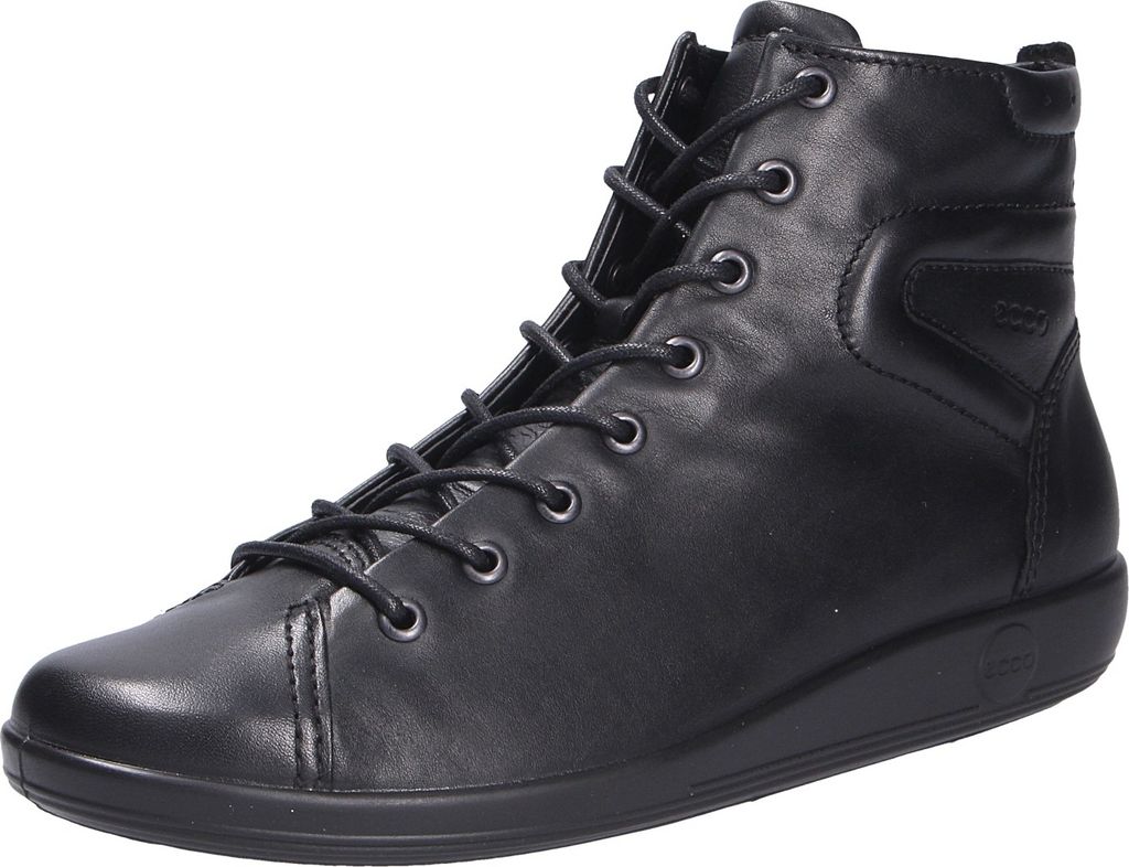 A studio shot of a black leather high-top sneaker.