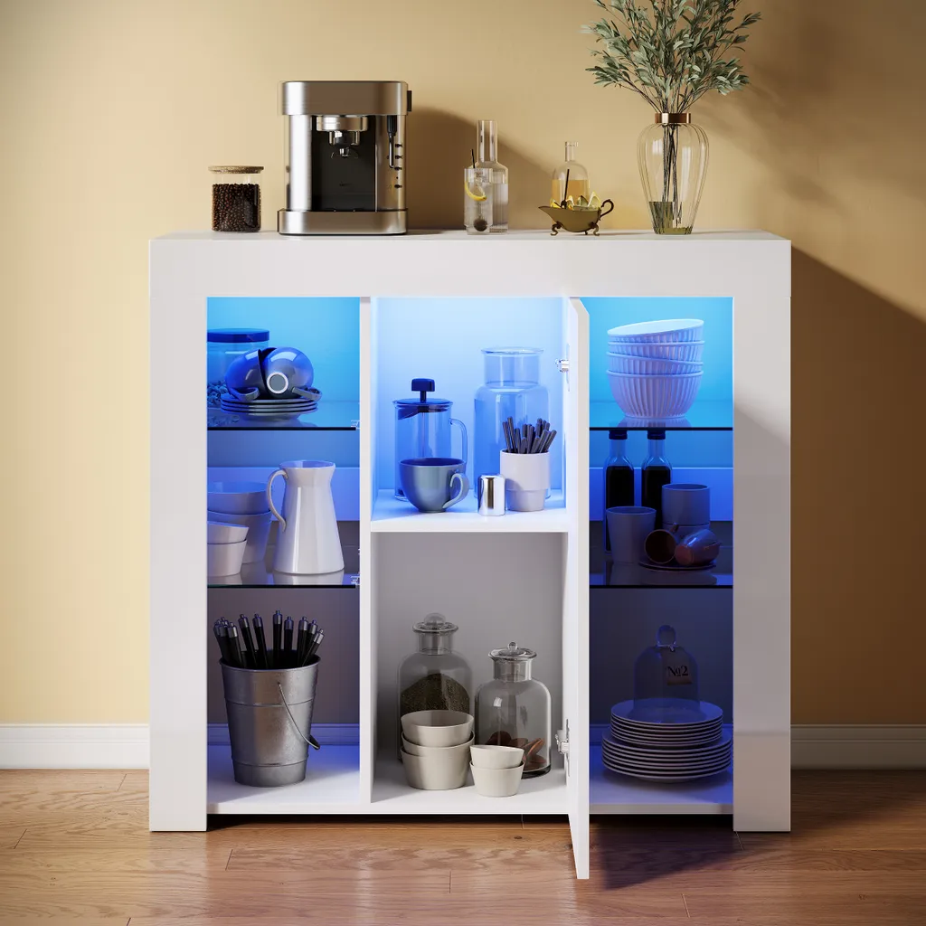 Cassettiere SONNI 90x35x83cm con illuminazione LED regolabile a 12 colori e vetro temperato laminato mobili da soggiorno bianco lucido