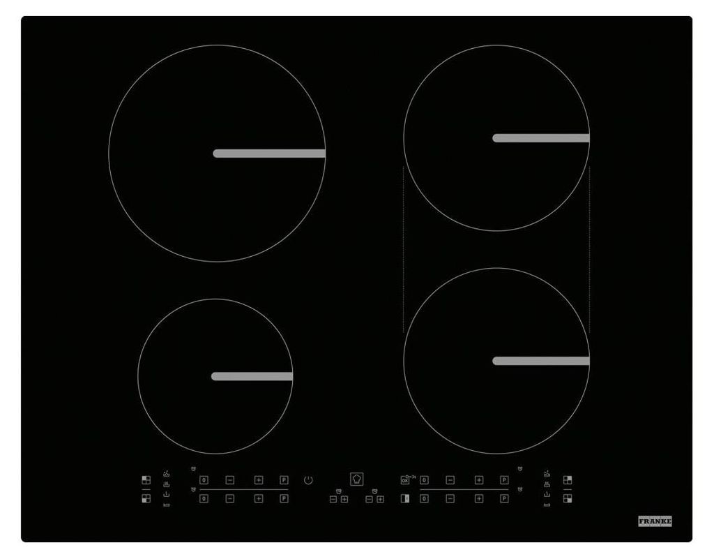A black induction cooktop with four heating zones and control panel.
