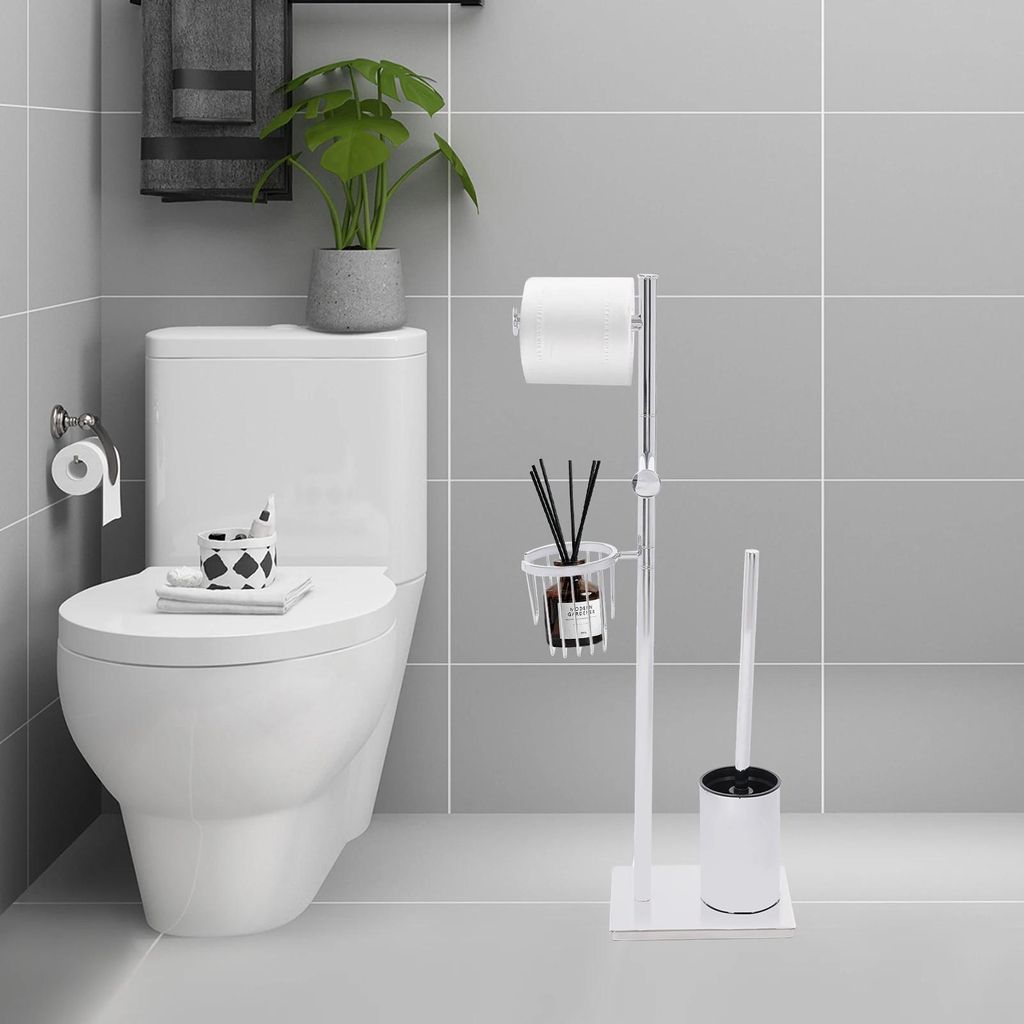 Toilettenpapierhalter - Freistehender Bodenständer - Mit WC-Bürstenhalter - Aufbewahrungskorb - Vertikales Design - Stahl - Silber