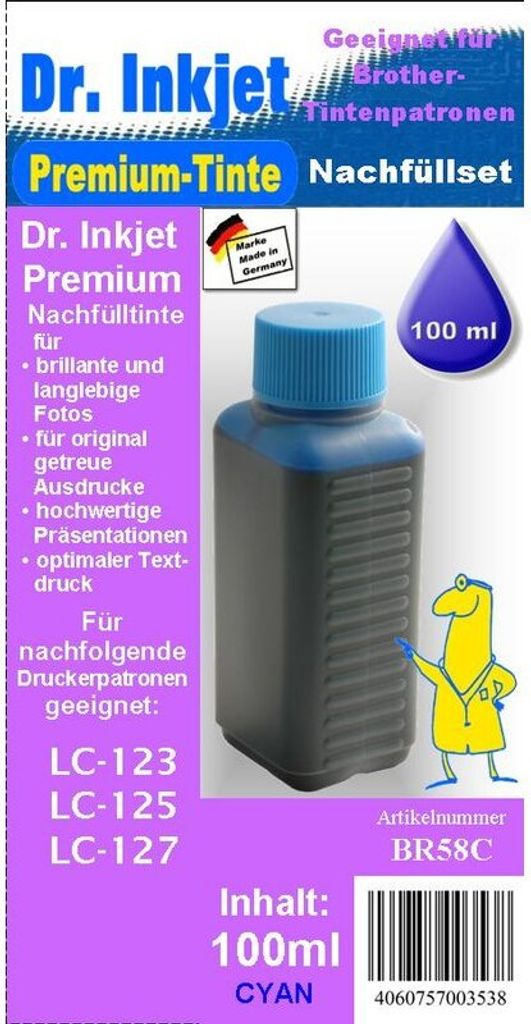 BR58C - Cyan - Dr.Inkjet Premium Nachfülltinte 100ml für Brother Druckerpatronen von LC-125 / LC-123 / LC-121