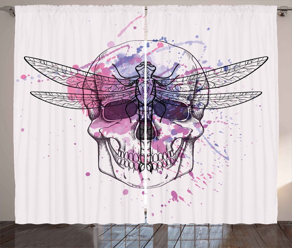 ABAKUHAUS Schädel Rustikaler Vorhang, Schädel Libelle Grunge, Wohnzimmer Universalband Gardinen mit Schlaufen und Haken, 280 x 245 cm, Schwarz Li...