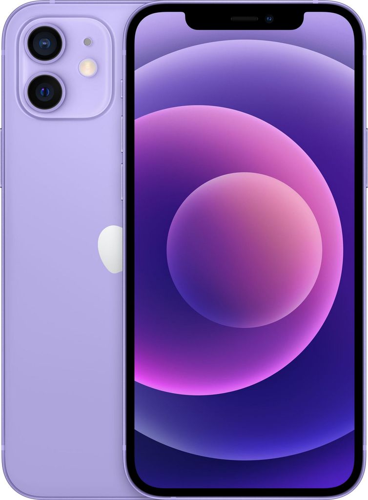 A purple iPhone 12 mini is shown from the back and front.