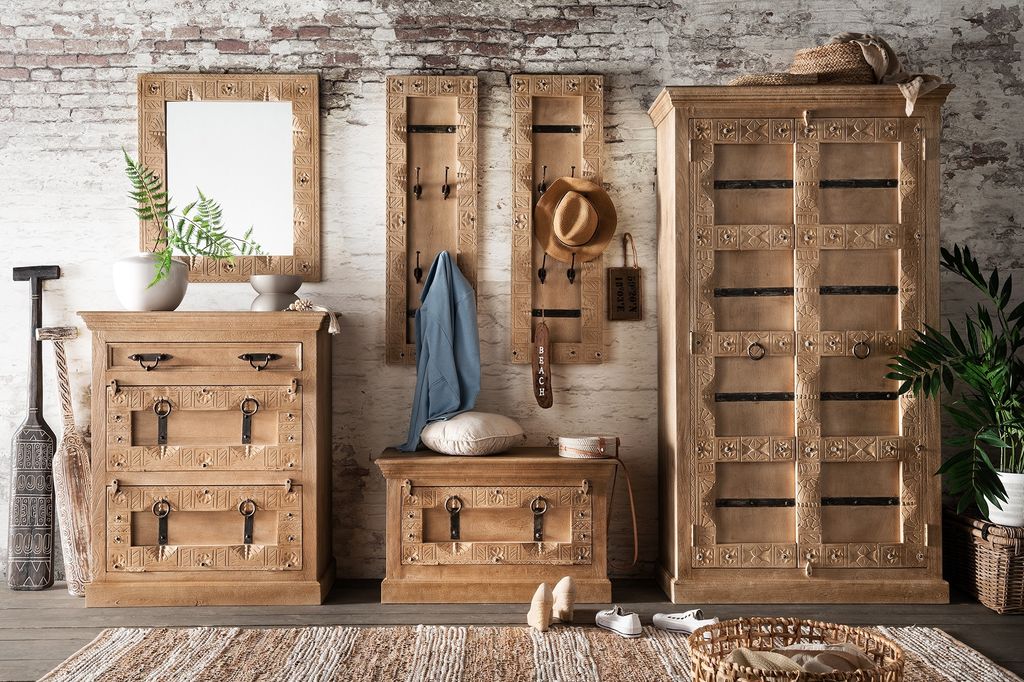SIT Möbel Dielen-Set aus Mangoholz | 6-tlg. | natur lackiert | 2 Schuhschränke, 2 Garderobenpaneele, 1 Spiegel, 1 Schrank | B 100 x T 45 x H 180 ...