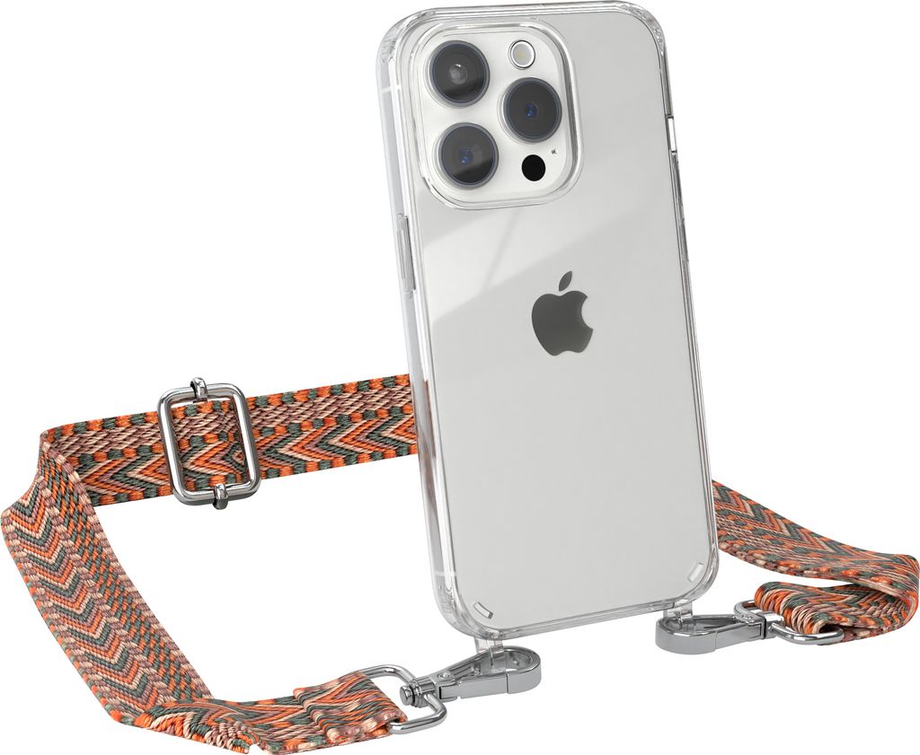 EAZY CASE Handykette - Verstellbarer Trageriemen kompatibel mit Apple iPhone 15 Pro, Handykordel mit transparenter Silikon-Hülle, Band in Orange