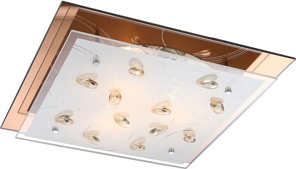 A square ceiling light fixture with multiple glass elements and a mirrored copper-colored frame.
