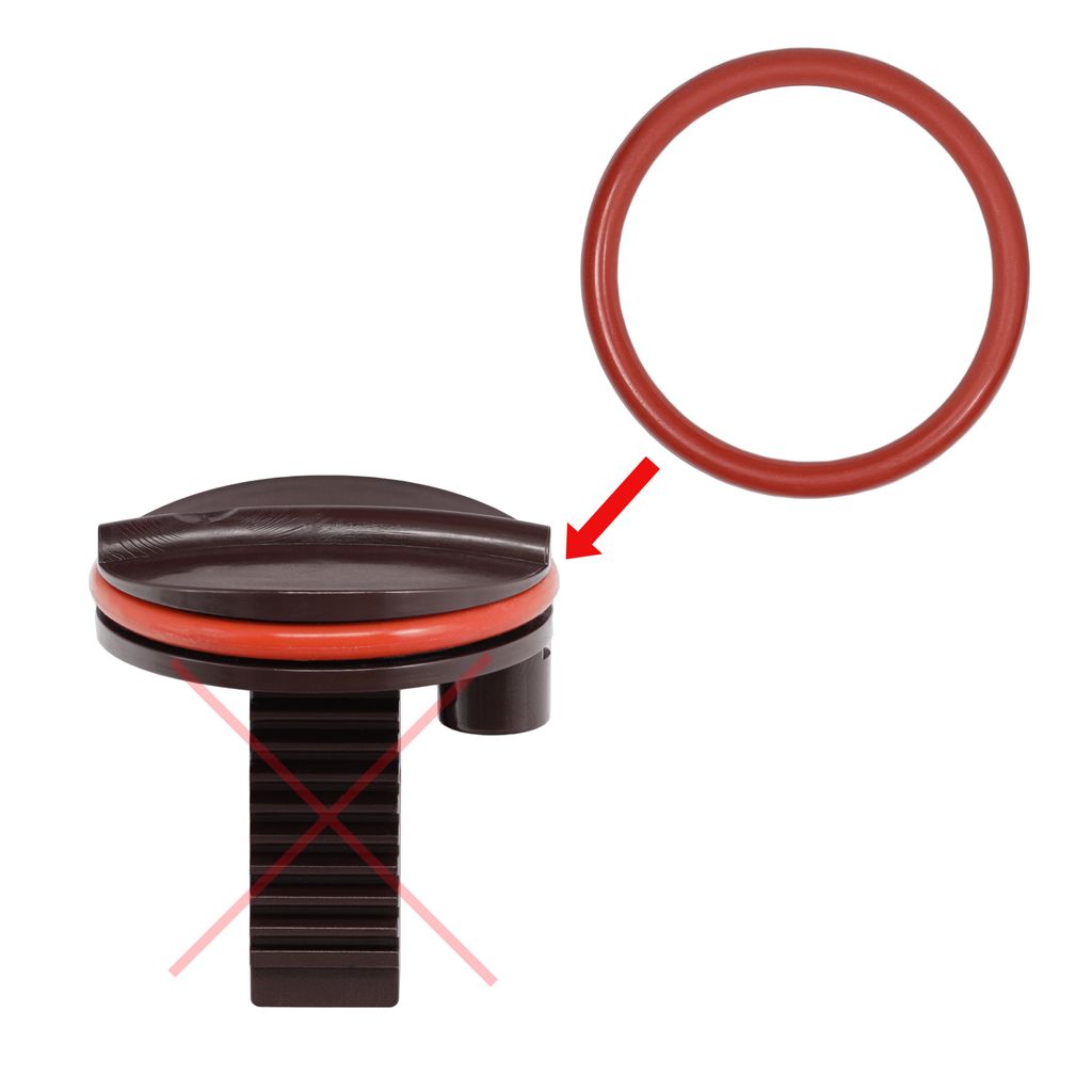 A close-up shot of a brown cap with a red o-ring seal, with a separate red o-ring shown enlarged.