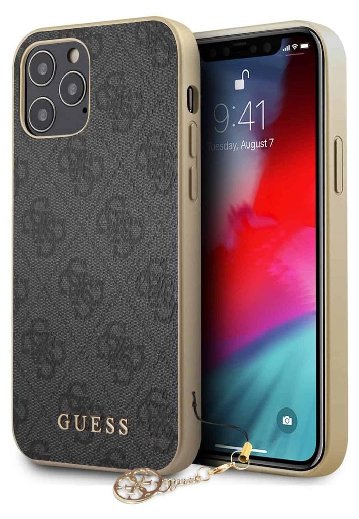 A phone case with a patterned design and a gold frame, shown next to a smartphone.