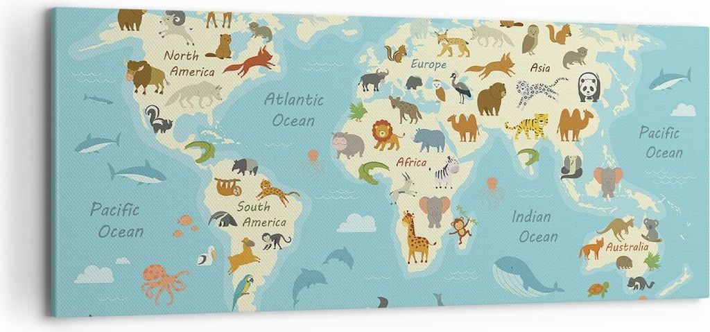 Bild auf Leinwand - Leinwandbild - Einteilig - Tiere die Welt Karte - 120x50cm - Wand Bild - Wanddeko - Wandbilder - Leinwanddruck - Bilder - Wandd...