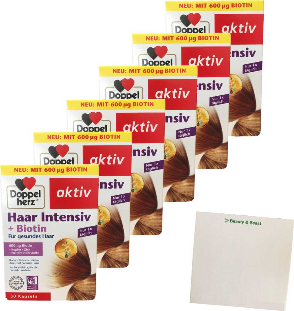 Doppelherz Haar Intensiv Kur 30 Kapseln mit 600 μg Biotin 6er Pack (6x17,4g Packung) + usy Block