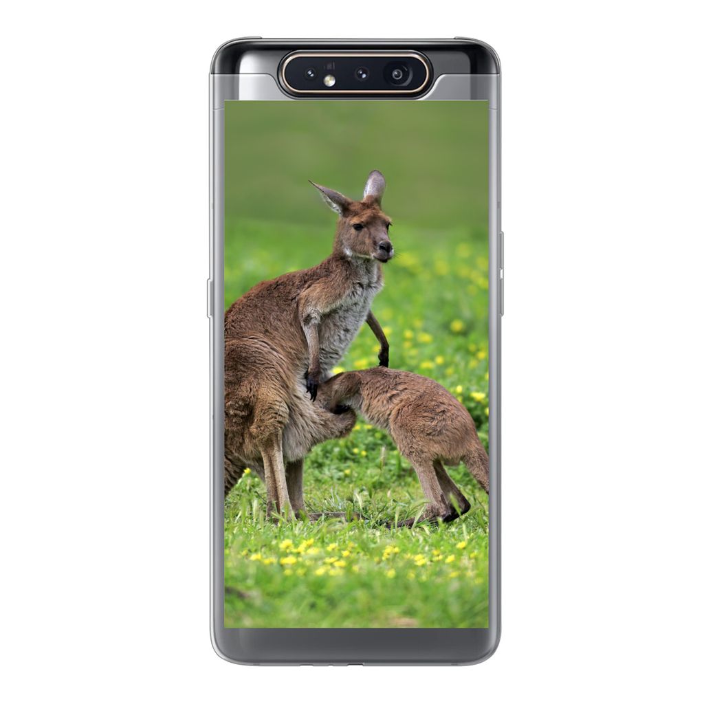 MuchoWow Handyhülle Schutzhülle Hülle für Samsung Galaxy A80 Känguru - Blumen - Jung Silikon Softcase Handy Hülle - Schutzdeckel