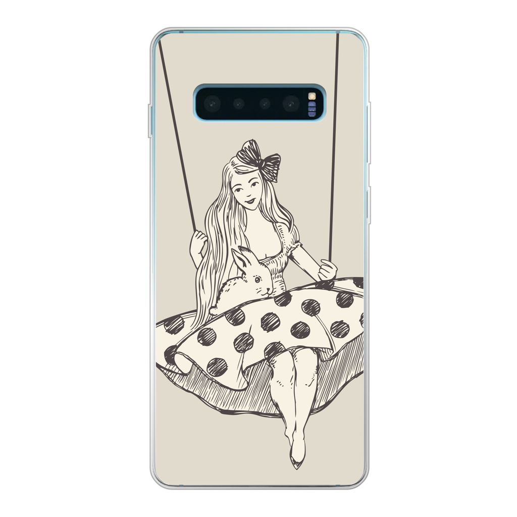 MuchoWow Handyhülle Schutzhülle Hülle für Samsung Galaxy S10 Plus Mädchen in gepunktetem Kleid mit Kaninchen Silikon Softcase Handy Hülle -...