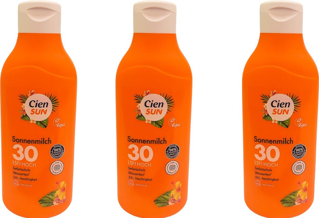 Cien Sun Sonnenmilch LSF 30 500ml Wasserfest Sofortschutz Vegan UVA+ UVB Schutz 3 Stück